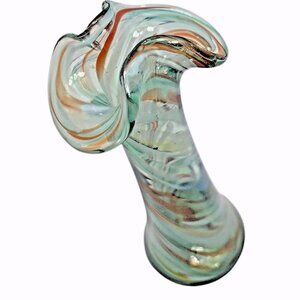 Vintage Art Glass Ruffled Vase Swirl Cased Ox Blood Blue Green Handblown 6.25"